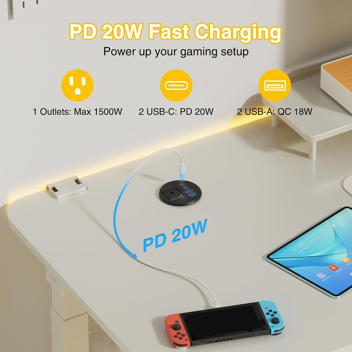 2-1/2" Desk Power Grommet with 1 Outlet, 2 20W USB-C & 2 18W USB-A - Black, 6 ft. Cord