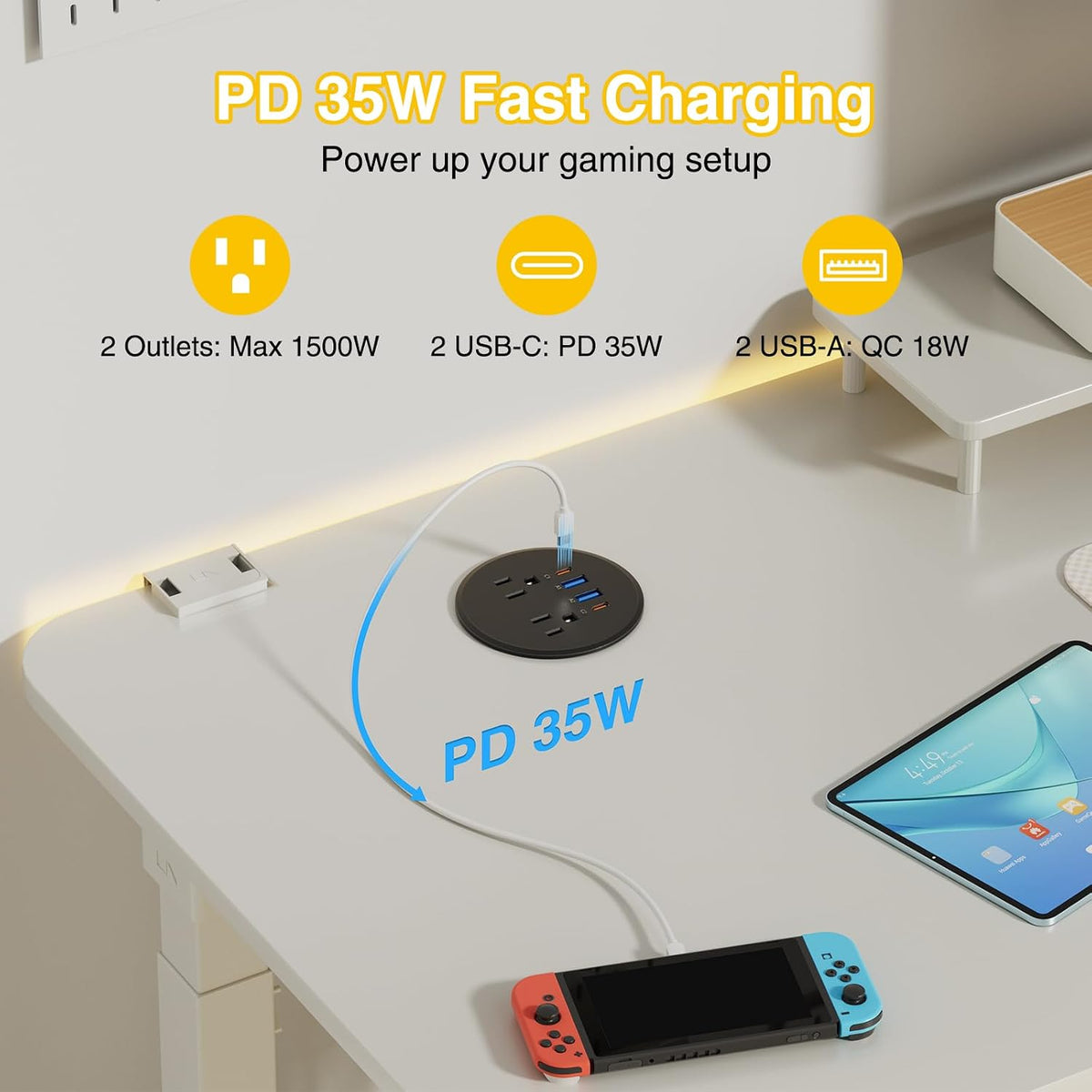 3" Desk Power Grommet with 2 Outlets, 2 35W USB-C & 2 18W USB-A - Black, 6 ft. Cord