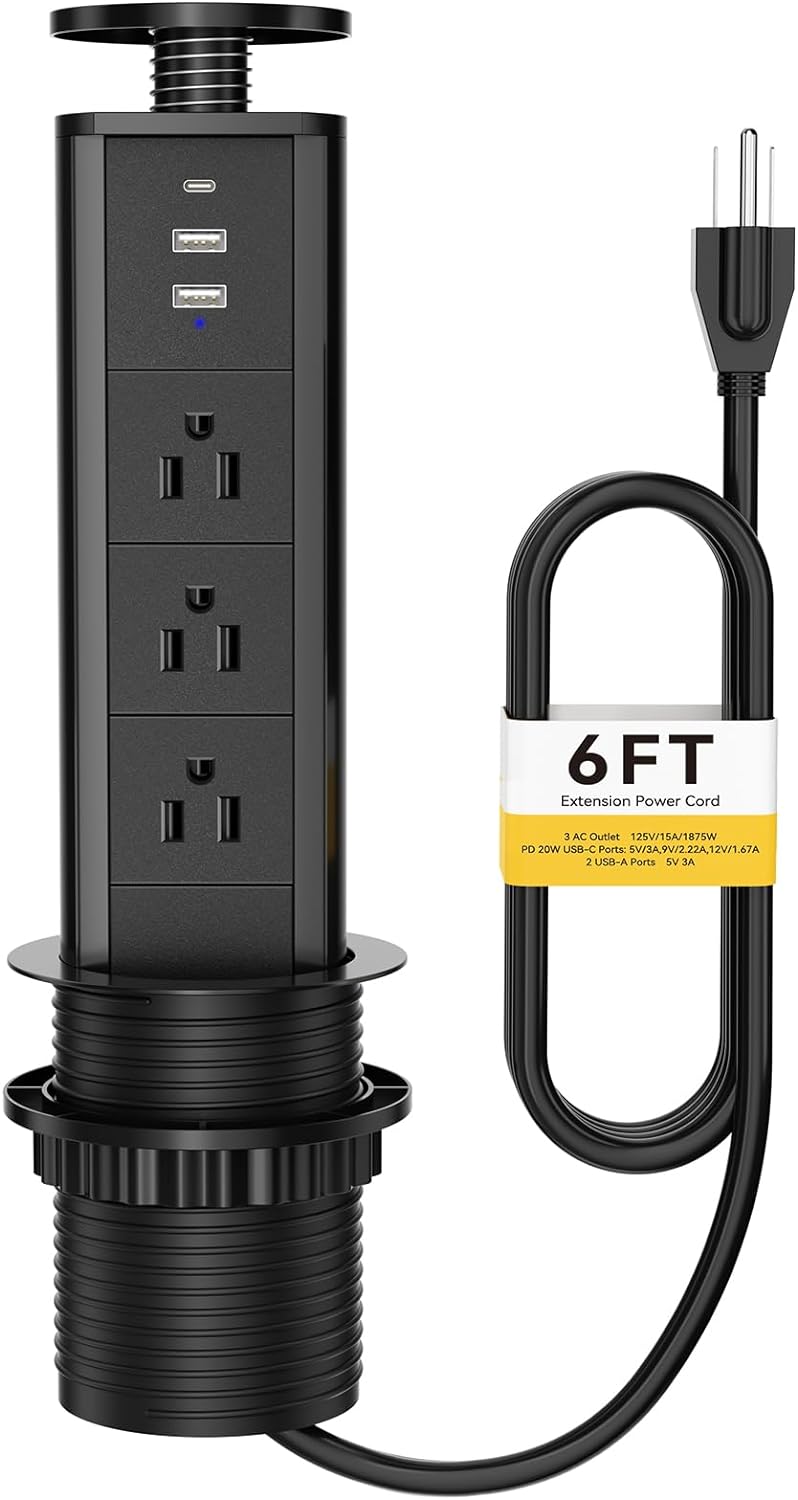 Sleek Pop Up Outlet with 3 AC Outlets, 2 USB-A & 1 PD 20W USB-C Ports, Perfect for Kitchen, Conference Room or Office