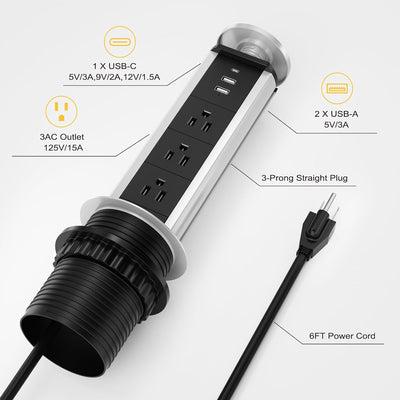 Sleek Pop Up Outlet with 3 AC Outlets, 2 USB-A & 1 PD 20W USB-C Ports, Perfect for Kitchen, Conference Room or Office