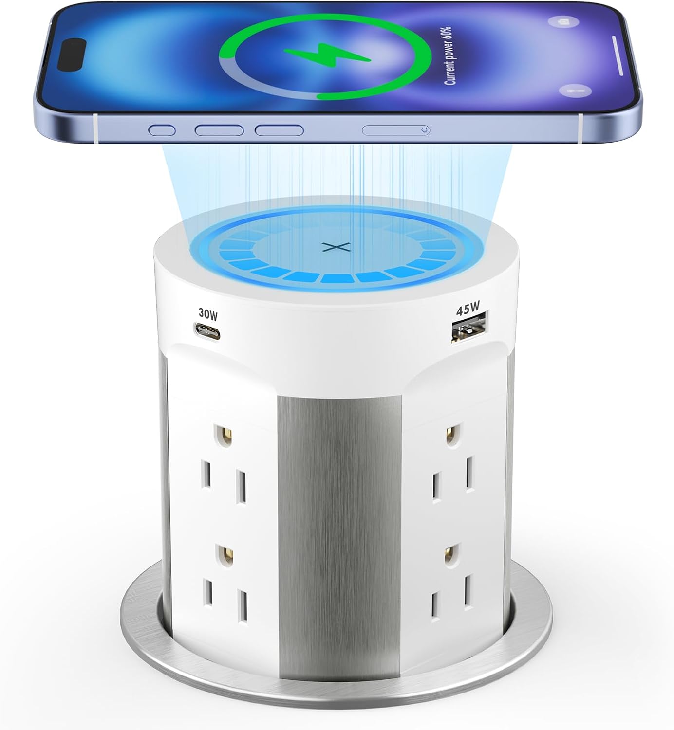 Pop Up Countertop Outlet with 15W Wireless Charger, 75W USB-C, 8 AC Outlets & 4 USB Ports - ETL Listed