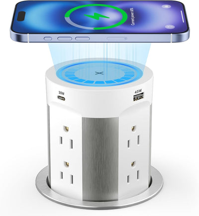 Pop Up Countertop Outlet with 15W Wireless Charger, 75W USB-C, 8 AC Outlets & 4 USB Ports - ETL Listed