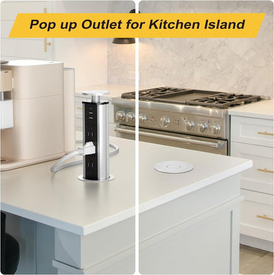 Sleek Pop Up Outlet with 3 AC Outlets, 2 USB-A & 1 PD 20W USB-C Ports, Perfect for Kitchen, Conference Room or Office
