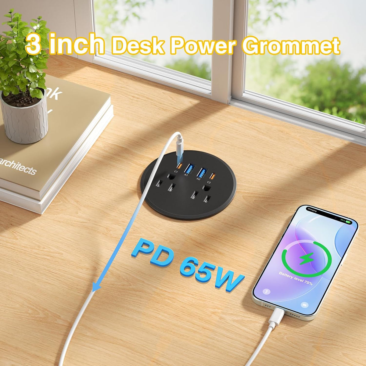 3" Desk Power Grommet with 2 Outlets, 2 65W USB-C & 2 18W USB-A - Black, 6 ft. Cord