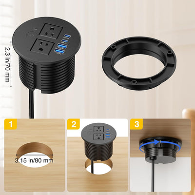 3-1/4" Desk Power Grommet with Switch, 2 Outlets, 2 USB-C PD 20W & 2 USB-A 18W - Black