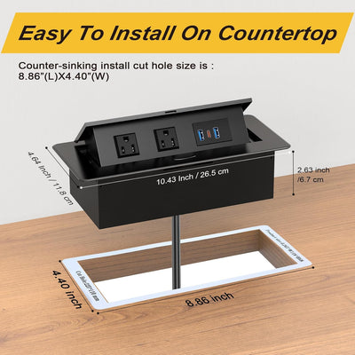 20W Pop Up Recessed Power Strip with 2 Outlets, 2 USB & 1 USB-C Charging Ports - UL Listed