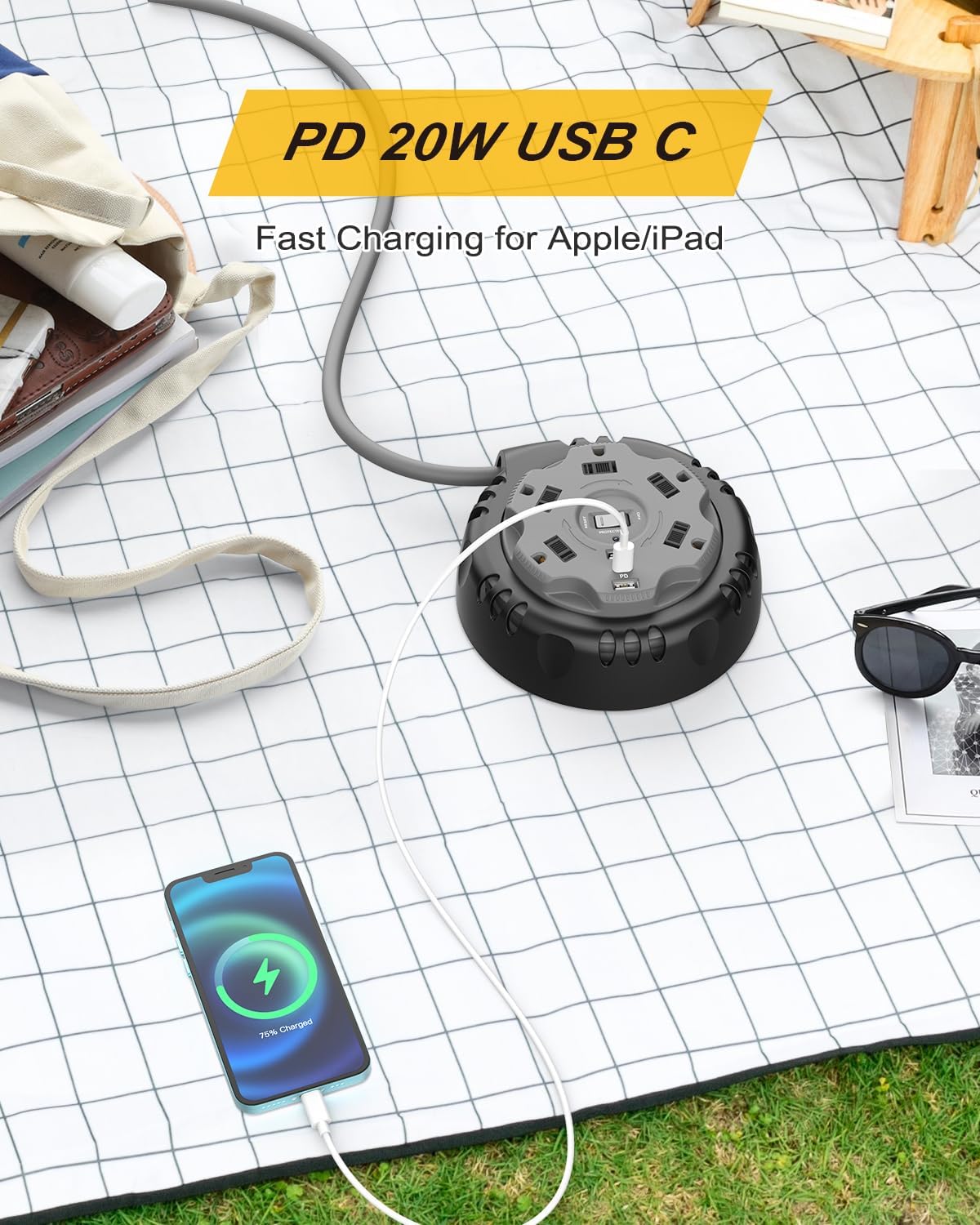 10 ft. Retractable Extension Power Strip Cord Reel with Surge Protector, 5 AC Outlets, USB-C &2 USB-A Ports