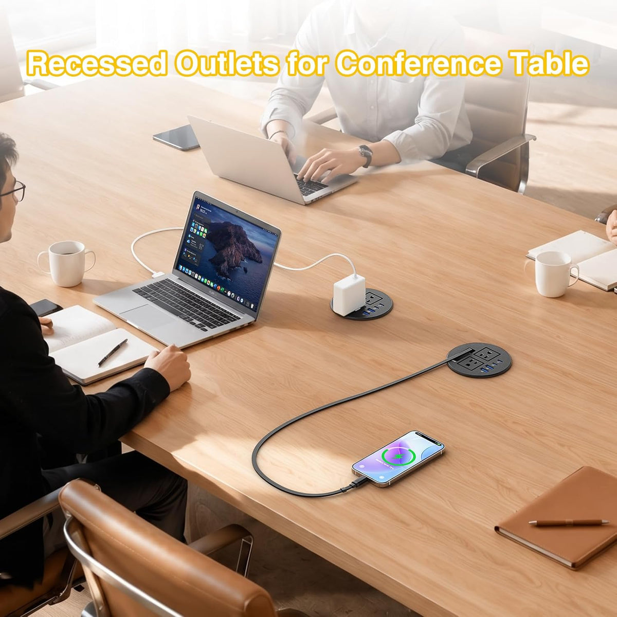 3-1/4" Desk Power Grommet with 35W Retractable USB-C, 2 Outlets, 2 35W USB-C & 2 18W USB-A - Black
