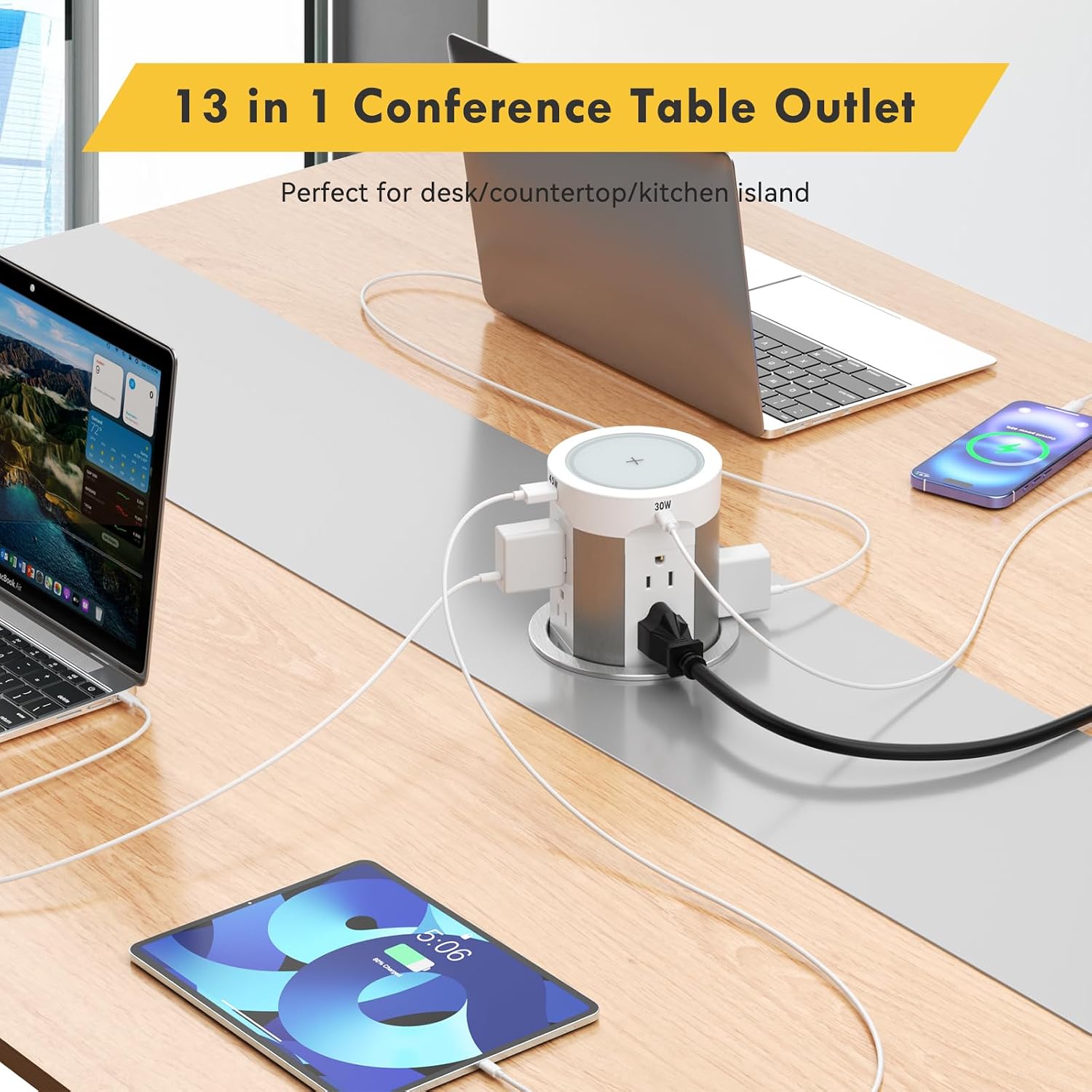 Pop Up Countertop Outlet with 15W Wireless Charger, 75W USB-C, 8 AC Outlets & 4 USB Ports - ETL Listed
