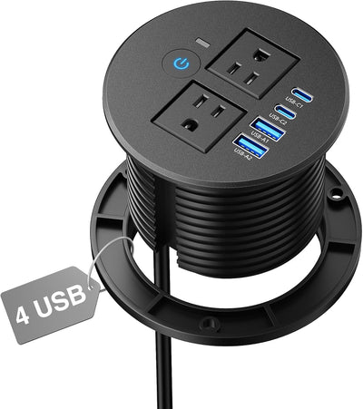 3-1/4" Desk Power Grommet with Switch, 2 Outlets, 2 USB-C PD 20W & 2 USB-A 18W - Black