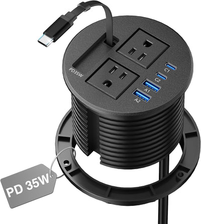 3-1/4" Desk Power Grommet with 35W Retractable USB-C, 2 Outlets, 2 35W USB-C & 2 18W USB-A - Black