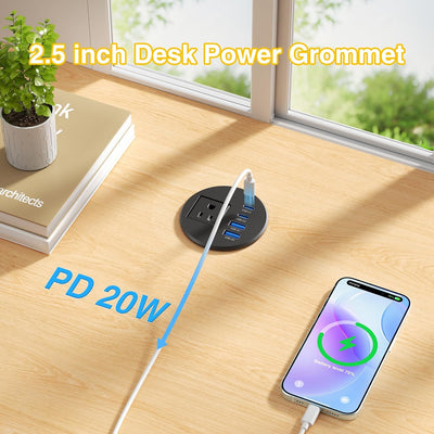 2-1/2" Desk Power Grommet with 1 Outlet, 2 20W USB-C & 2 18W USB-A - Black, 6 ft. Cord