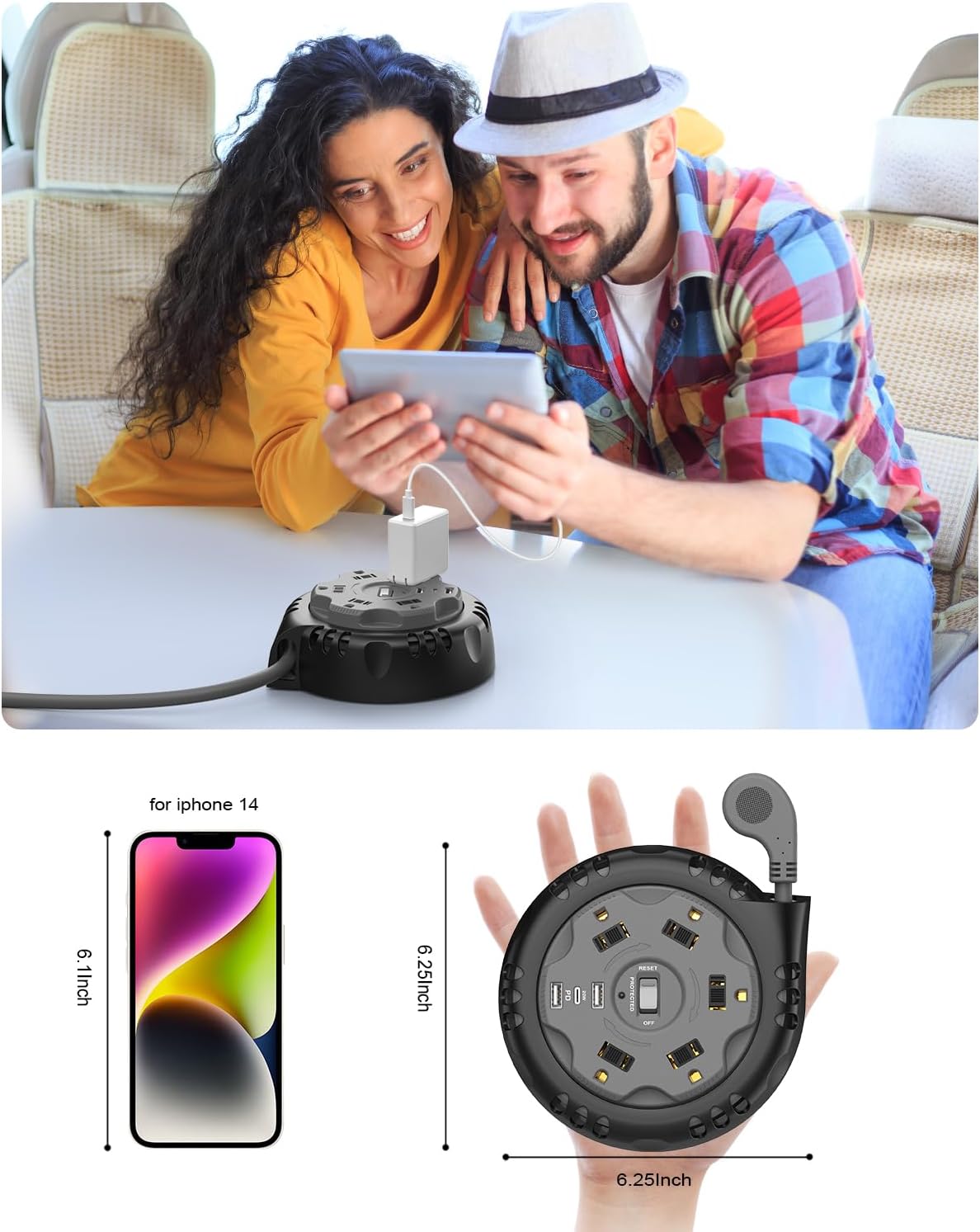 10 ft. Retractable Extension Power Strip Cord Reel with Surge Protector, 5 AC Outlets, USB-C &2 USB-A Ports