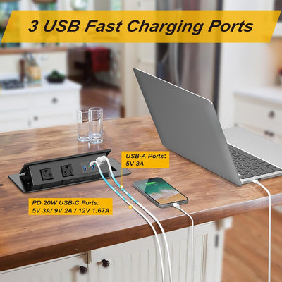 20W Pop Up Recessed Power Strip with 2 Outlets, 2 USB & 1 USB-C Charging Ports - UL Listed