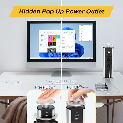 Sleek Pop Up Outlet with 3 AC Outlets, 2 USB-A & 1 PD 20W USB-C Ports, Perfect for Kitchen, Conference Room or Office