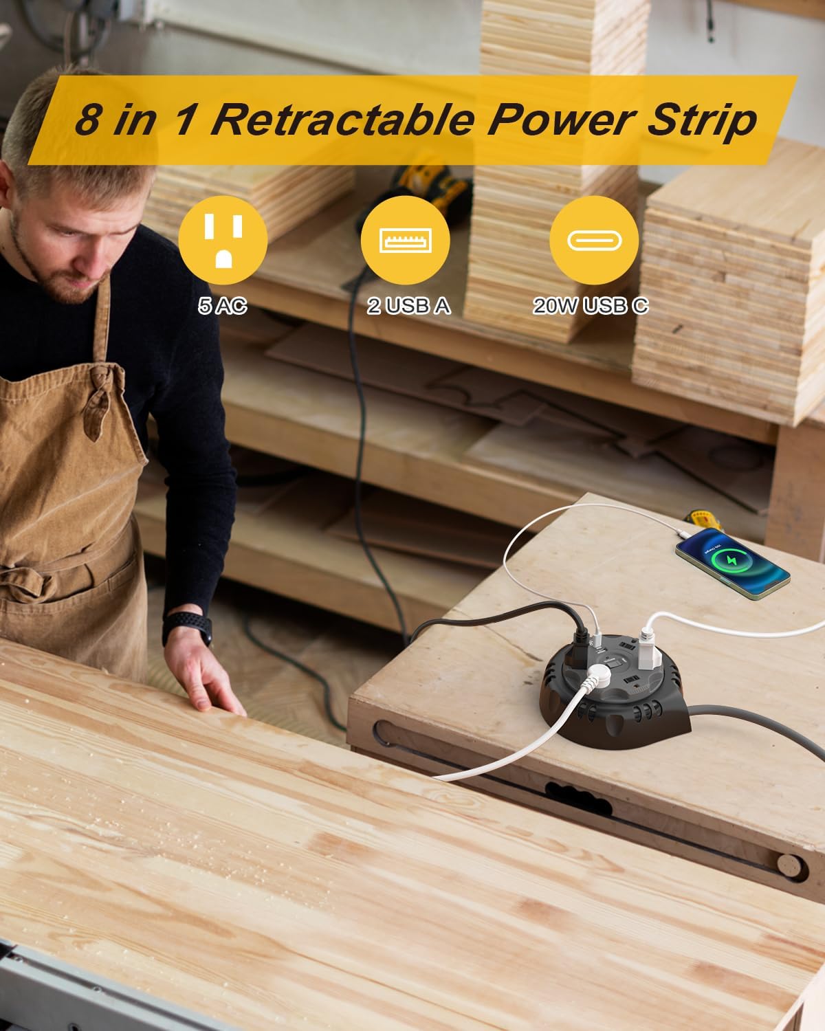 10 ft. Retractable Extension Power Strip Cord Reel with Surge Protector, 5 AC Outlets, USB-C &2 USB-A Ports