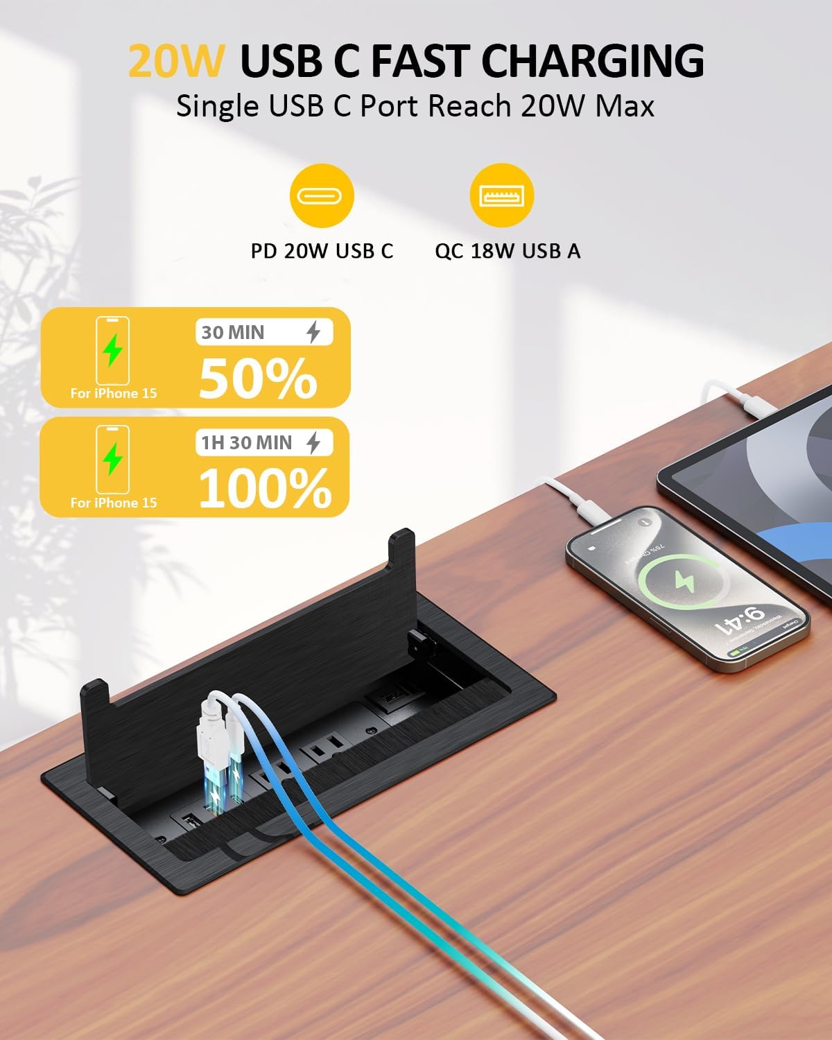 Recessed Conference Table Power Hub with HDMI, CAT6 RJ45, 20W USB-C, USB-A & 2 AC Outlets