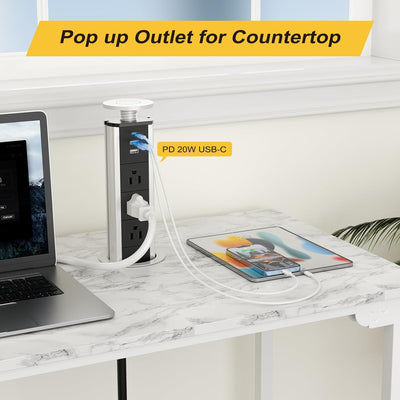 Sleek Pop Up Outlet with 3 AC Outlets, 2 USB-A & 1 PD 20W USB-C Ports, Perfect for Kitchen, Conference Room or Office