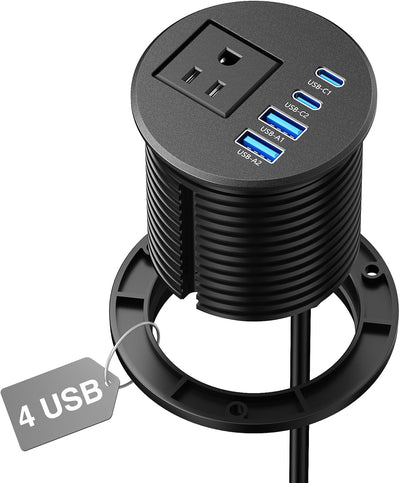 2-1/2" Desk Power Grommet with 1 Outlet, 2 20W USB-C & 2 18W USB-A - Black, 6 ft. Cord
