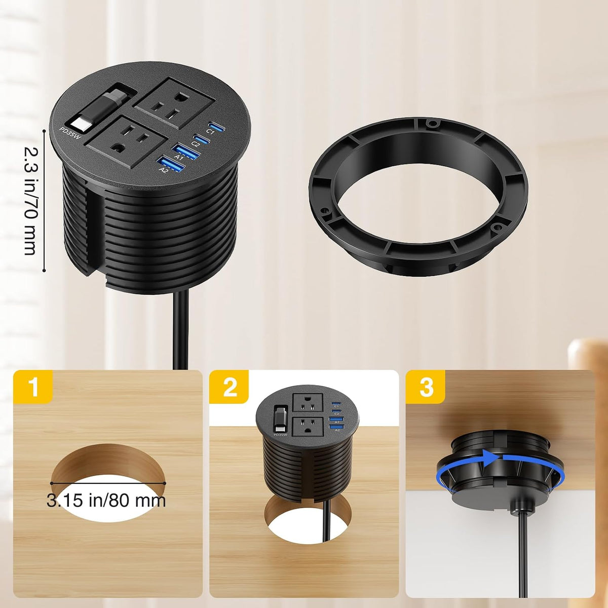 3-1/4" Desk Power Grommet with 35W Retractable USB-C, 2 Outlets, 2 35W USB-C & 2 18W USB-A - Black