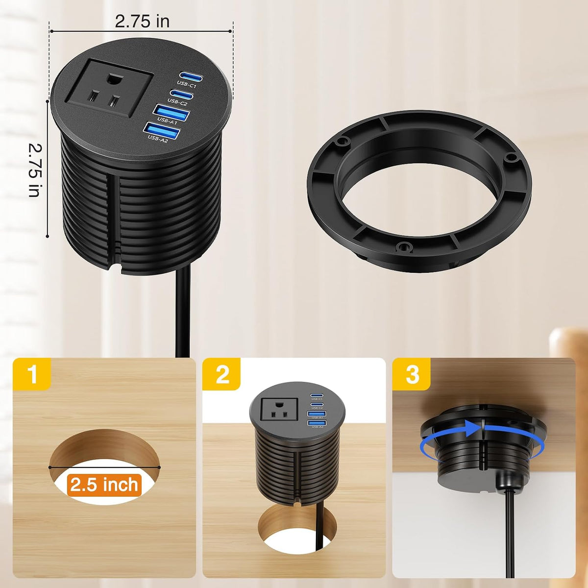 2-1/2" Desk Power Grommet with 1 Outlet, 2 20W USB-C & 2 18W USB-A - Black, 6 ft. Cord