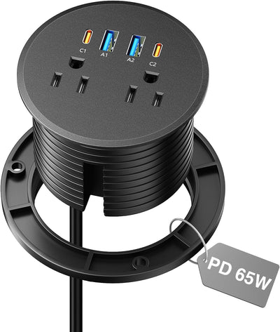 3" Desk Power Grommet with 2 Outlets, 2 65W USB-C & 2 18W USB-A - Black, 6 ft. Cord