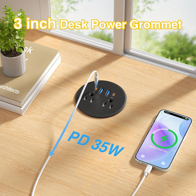 3" Desk Power Grommet with 2 Outlets, 2 35W USB-C & 2 18W USB-A - Black, 6 ft. Cord