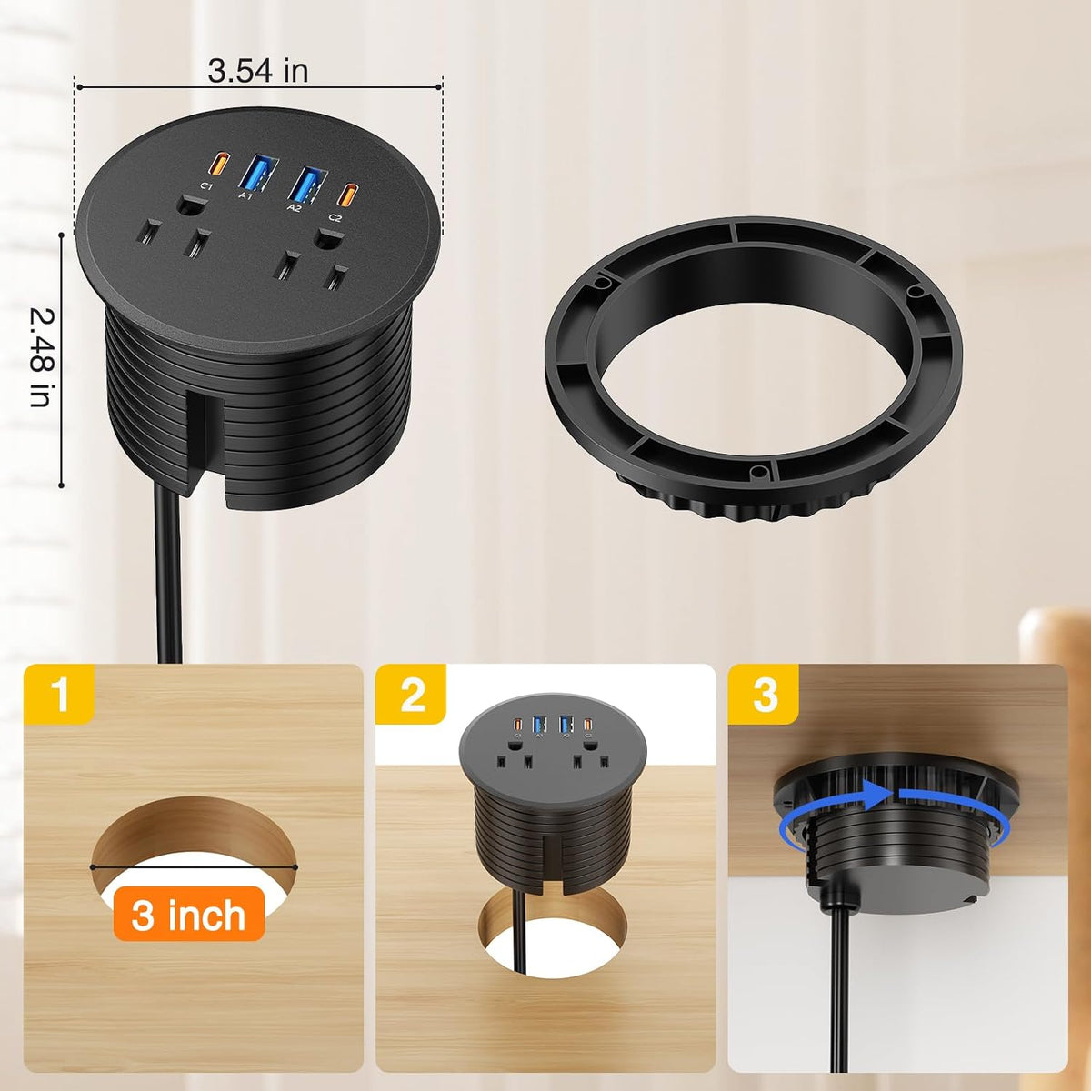 3" Desk Power Grommet with 2 Outlets, 2 35W USB-C & 2 18W USB-A - Black, 6 ft. Cord