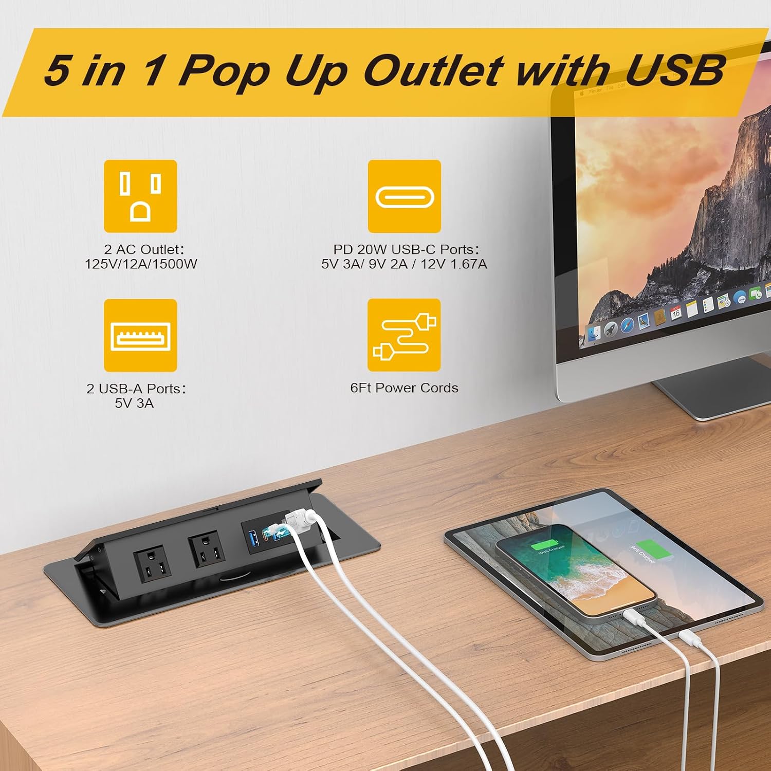 20W Pop Up Recessed Power Strip with 2 Outlets, 2 USB & 1 USB-C Charging Ports - UL Listed