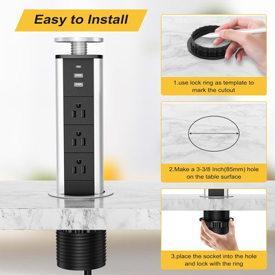 Sleek Pop Up Outlet with 3 AC Outlets, 2 USB-A & 1 PD 20W USB-C Ports, Perfect for Kitchen, Conference Room or Office