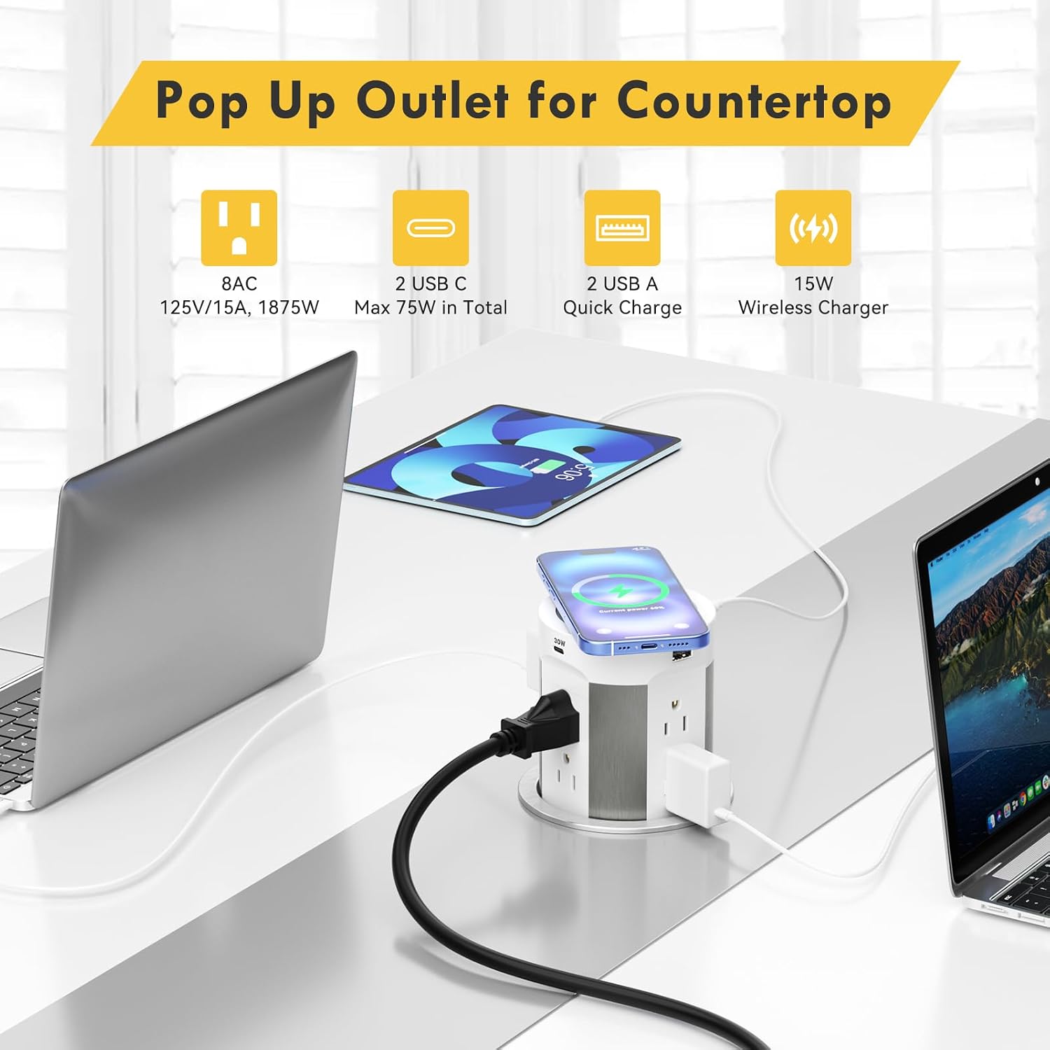 Pop Up Countertop Outlet with 15W Wireless Charger, 75W USB-C, 8 AC Outlets & 4 USB Ports - ETL Listed