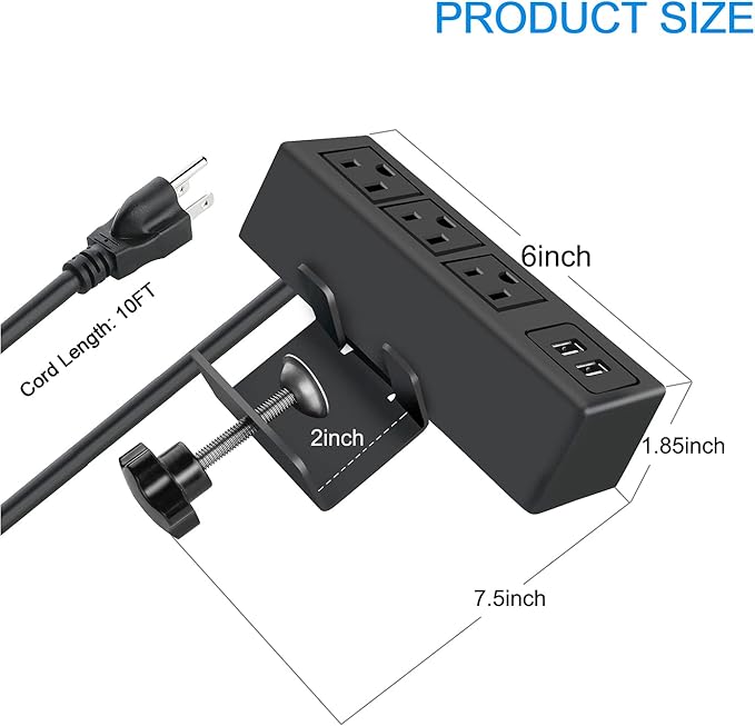 3 Outlet Desk Clamp Power Strip with USB Ports – Desktop Power Station | 125V 12A 1500W, 10 FT Cord