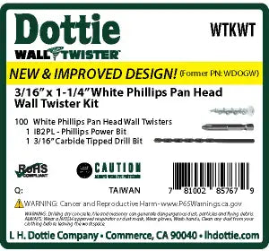 Dottie WTKWT 3/16'' x 1-1/4'' White Phillips Pan Head Wall Twister Kit