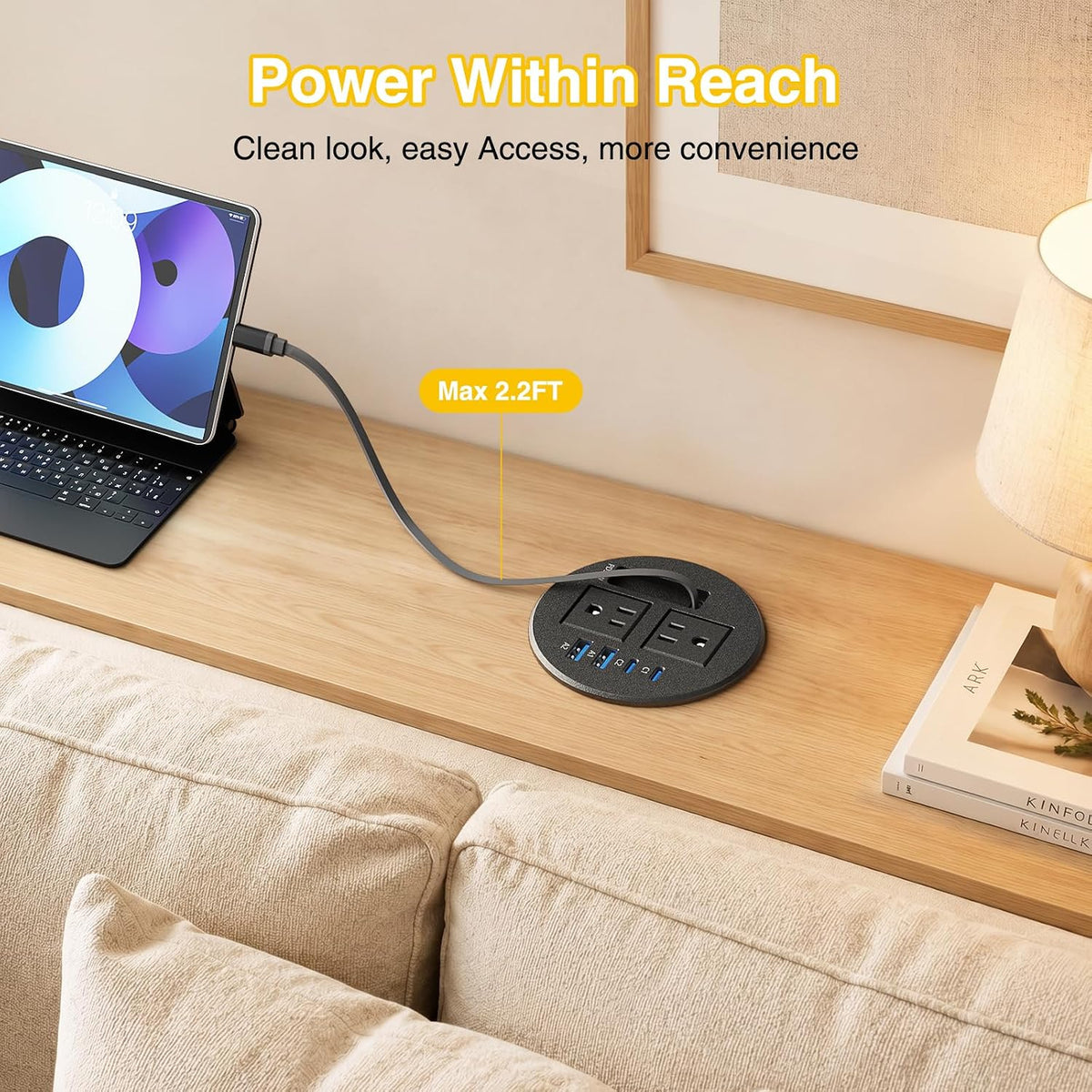 3-1/4" Desk Power Grommet with 35W Retractable USB-C, 2 Outlets, 2 35W USB-C & 2 18W USB-A - Black
