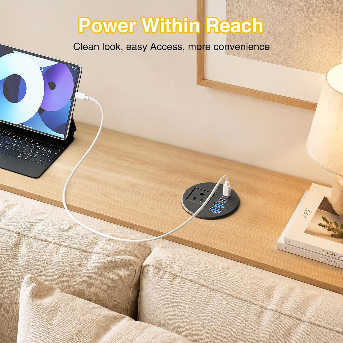 2-1/2" Desk Power Grommet with 1 Outlet, 2 20W USB-C & 2 18W USB-A - Black, 6 ft. Cord