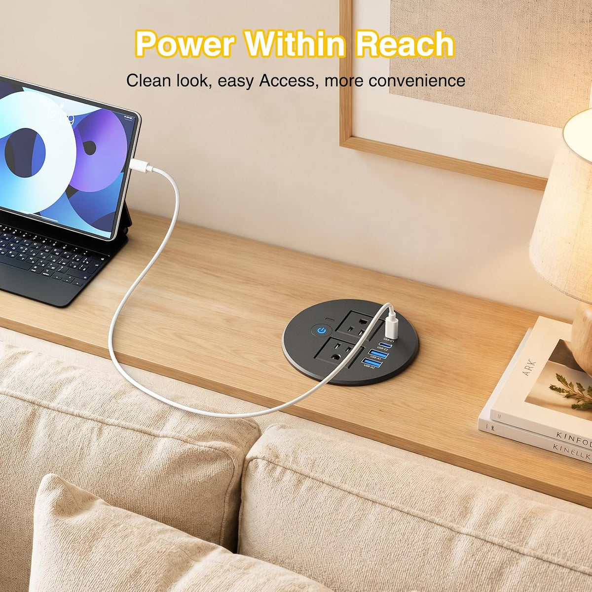 3-1/4" Desk Power Grommet with Switch, 2 Outlets, 2 USB-C PD 20W & 2 USB-A 18W - Black