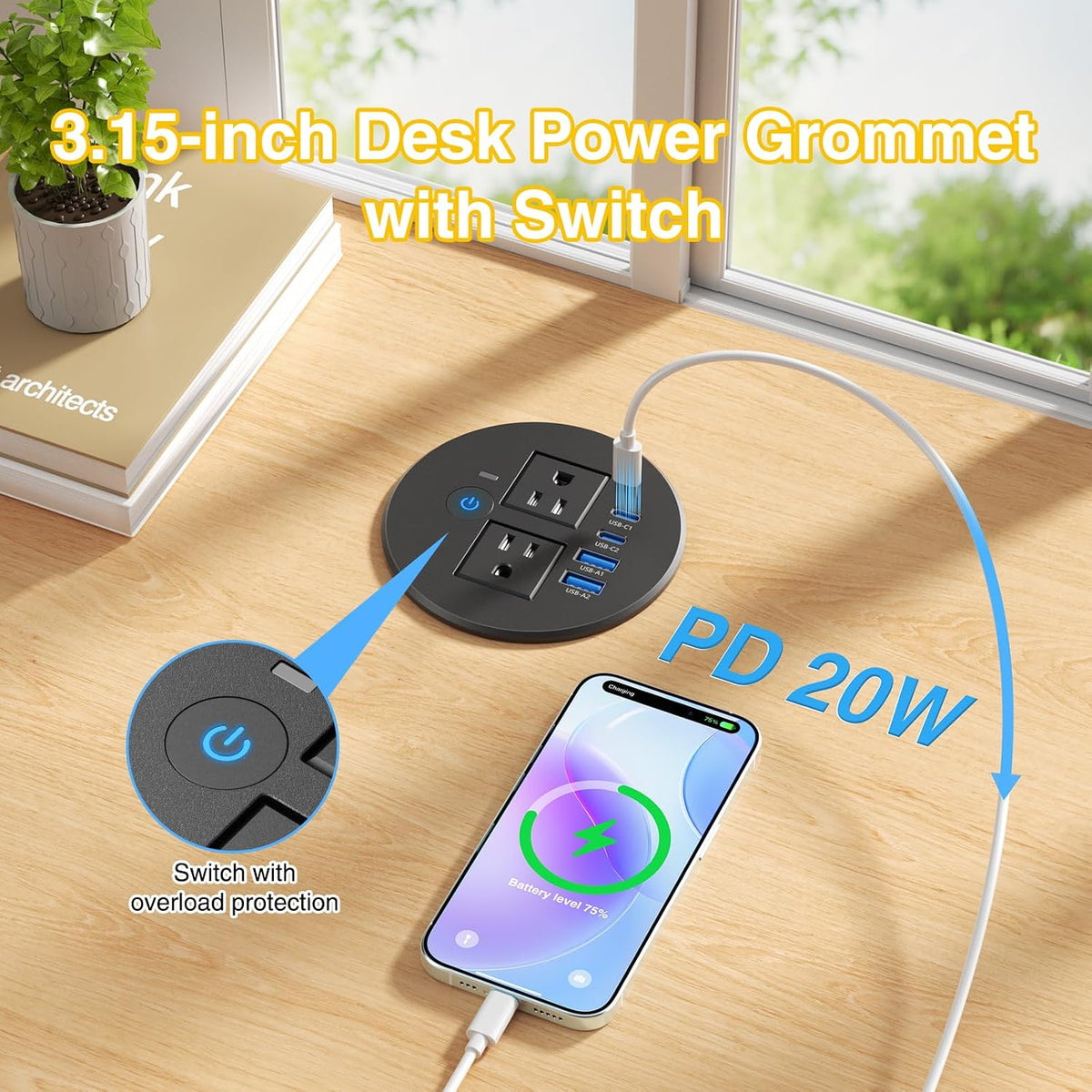 3-1/4" Desk Power Grommet with Switch, 2 Outlets, 2 USB-C PD 20W & 2 USB-A 18W - Black