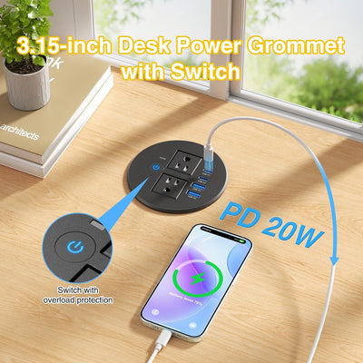 3-1/4" Desk Power Grommet with Switch, 2 Outlets, 2 USB-C PD 20W & 2 USB-A 18W - Black