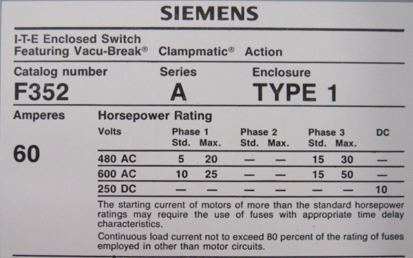 Siemens F352 60A 600V 3P 3PH N1 Non Fused