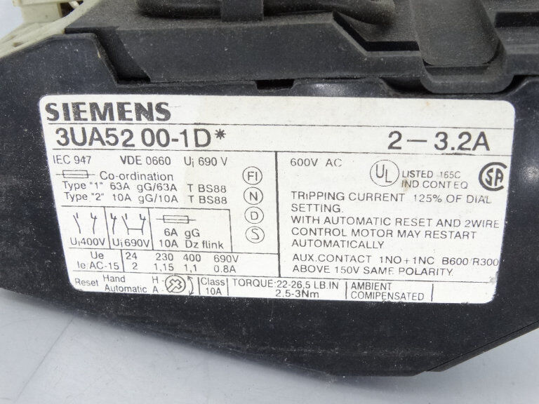 Siemens 3UA5200-1D Overload Protection  Relay, Used