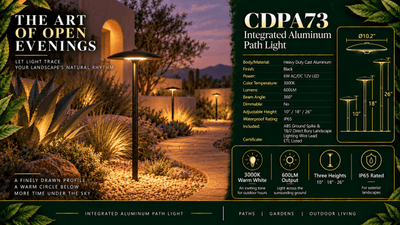 ABBA Lighting CDPA73 Integrated Adjustable Aluminum Path Light, 6W LED, 3000K Warm White, 600 Lumens, 12V AC/DC, IP65 - Black Finish