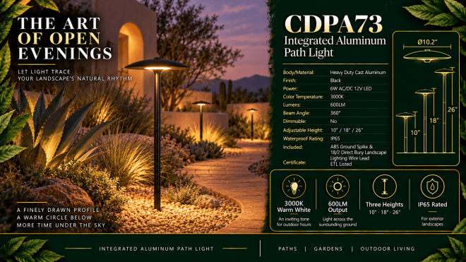 ABBA Lighting CDPA73 Integrated Adjustable Aluminum Path Light, 6W LED, 3000K Warm White, 600 Lumens, 12V AC/DC, IP65 - Black Finish