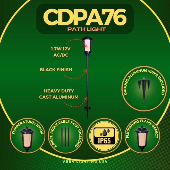 ABBA Lighting CDPA76 Integrated Tall Aluminum Path Light, 1.7W LED, 2700K Warm White, 160 Lumens, 12V AC/DC, IP65 - Black Finish
