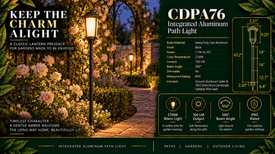 ABBA Lighting CDPA76 Integrated Tall Aluminum Path Light, 1.7W LED, 2700K Warm White, 160 Lumens, 12V AC/DC, IP65 - Black Finish