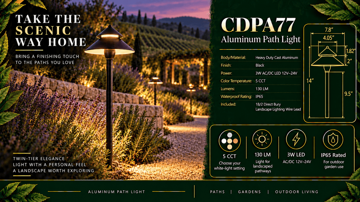 ABBA Lighting CDPA77 Adjustable Aluminum Path Light, 3W Integrated LED, 5CCT Selectable, 130 Lumens, 12V–24V AC/DC, IP65 - Black Finish