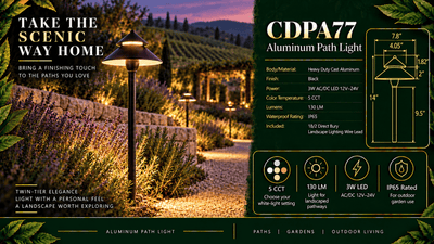 ABBA Lighting CDPA77 Adjustable Aluminum Path Light, 3W Integrated LED, 5CCT Selectable, 130 Lumens, 12V–24V AC/DC, IP65 - Black Finish