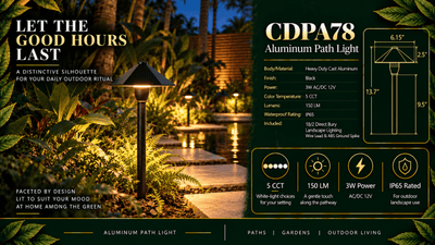 ABBA Lighting CDPA78 Hexagon Umbrella Aluminum Path Light, 3W LED, 5CCT Selectable, 150 Lumens, 12V AC/DC, IP65 - Black Finish