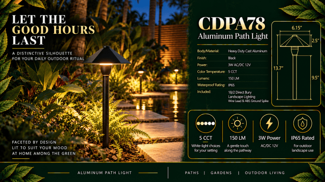 ABBA Lighting CDPA78 Hexagon Umbrella Aluminum Path Light, 3W LED, 5CCT Selectable, 150 Lumens, 12V AC/DC, IP65 - Black Finish