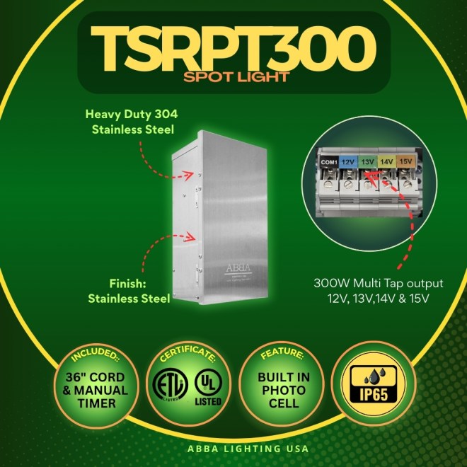 ABBA Lighting TSRPT300 300W Stainless Steel Manual Landscape Lighting Transformer, 12V/13V/14V/15V Multi-Tap, Photocell & Timer, IP65