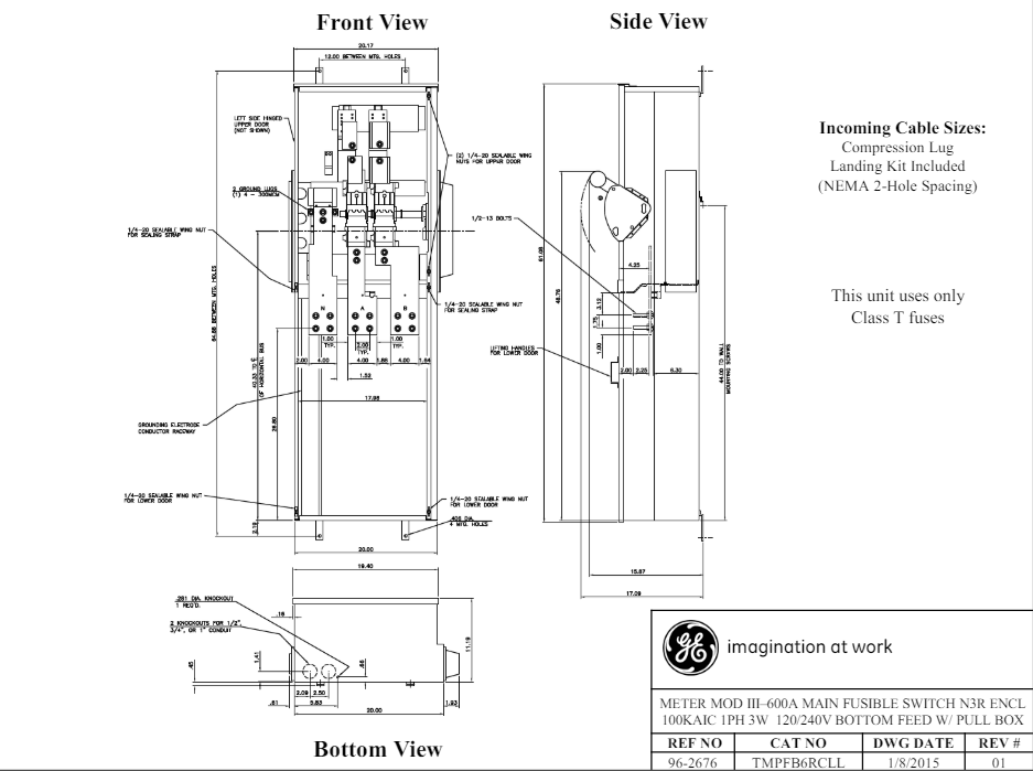 Módulo de interruptor fusible principal General Electric TMPFB6RCLL, 120/240 VAC, 600 A, monofásico, 3 cables